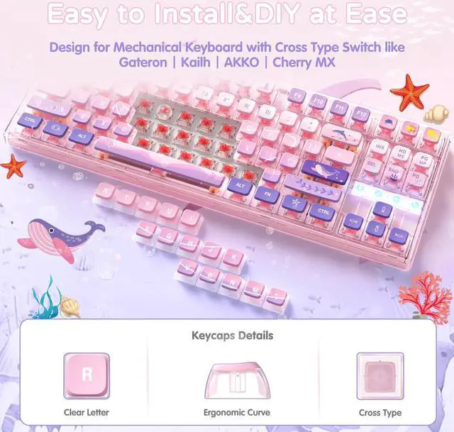 Alt view image 4 of 5 - 120 Key PBT Pudding Keycap Set ASA Profile with Transluscent PC Layer Dye-Sub Dreamy Sea Theme for 61/84/87/98/100/104Key TKL Cherry MX Gateron Kailh Cross Type Switch ANSI Mechanical Keyboard(Purple)