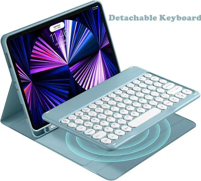 Alt view image 3 of 5 - QIYIBOCASE Keyboard Case for iPad 6th Gen 2018, for iPad 5th Gen 2017, Pro 9.7, Air 2, Air 1, Soft Back Cover with Pencil Holder & Magnetically Detachable Wireless Bluetooth Keyboard, Teal