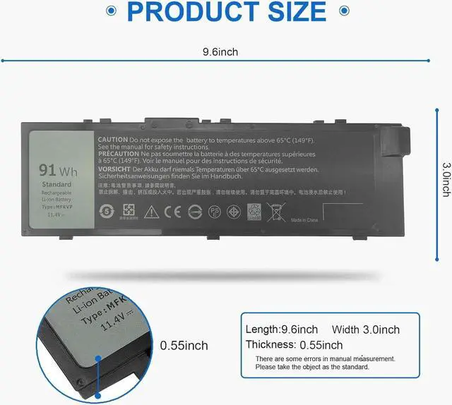 Alt view image 3 of 5 - 91WH Type MFKVP Laptop Battery for Dell Precision 15 7510 7520 17 7710 7720 M7510 M7710, Replacement fits 451-BBSB 451-BBSE 451-BBSF GR5D3 M28DH T05W1 TO5W1 TWCPG RDYCT 0FNY7 1G9VM, 11.4V 6-Cell