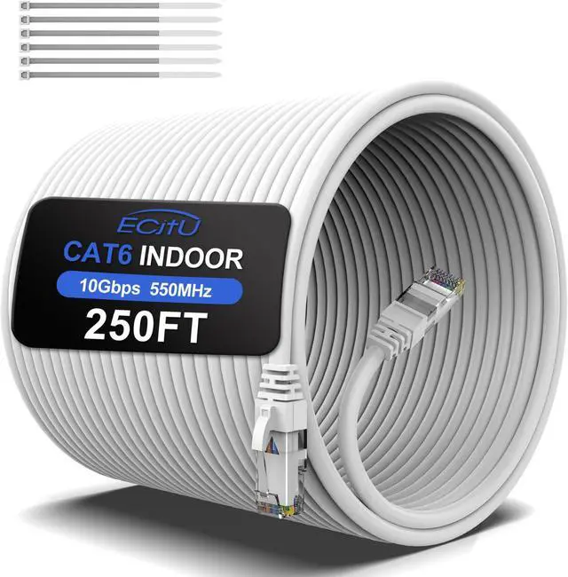 Main image of 250FT Cat6 Ethernet Cable, Cat 6 Patch Cable, Cat6 Internet Cable, UTP Network Cable, Indoor and Outdoor, PoE, 24AWG CCA, Compatible for PC, Laptop, Router, Switch, Server, with 25 Cable Ties - White