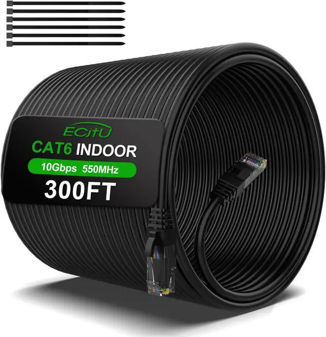 Main image of 300FT Cat6 Ethernet Cable, Cat 6 Patch Cable, Cat6 Internet Cable, UTP Network Cable, Indoor and Outdoor, PoE, 24AWG CCA, Compatible for PC, Laptop, Router, Switch, Server, with 25 Cable Ties - Black