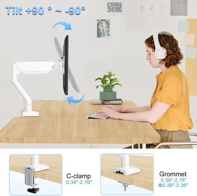 Alt view image 5 of 5 - ErgoFocus Single Monitor Mount Arm Fits up to 32 Inch, Desk Mount Holds 4.4-19.8lbs Computer Screen, Full Motion Gas Spring,VESA, White