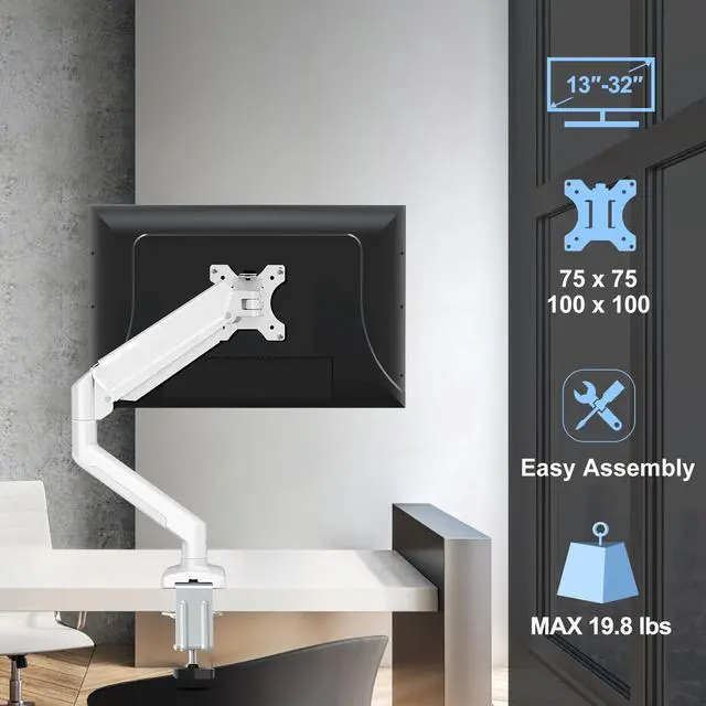 Alt view image 3 of 5 - ErgoFocus Single Monitor Mount Arm Fits up to 32 Inch, Desk Mount Holds 4.4-19.8lbs Computer Screen, Full Motion Gas Spring,VESA, White