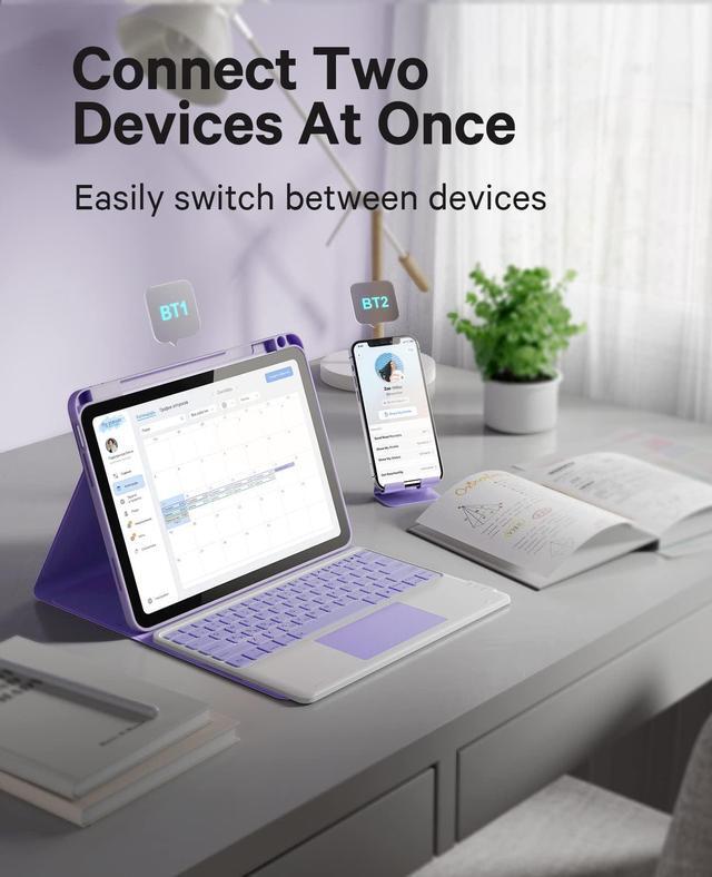 Alt view image 5 of 5 - GreenLaw Keyboard Case for iPad Air 5th Gen/4th Gen, Stain Resistant, 7-Color Backlit, Dual-Device Connection, for 10.9 inch, Lavender