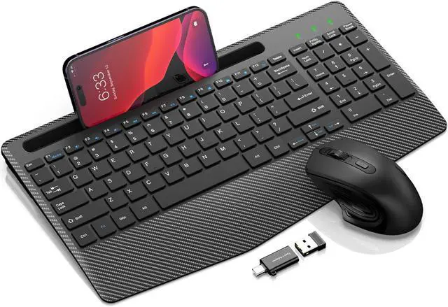 Main image of Wireless Keyboard and Mouse Combo, Ergonomic Keyboard with Wrist Rest, Phone Holder, Sleep Mode, 2.4G Lag-Free Rechargeable Compact Silent Cordless Keyboard Mouse for Windows, Mac, Laptop, PC (Black)