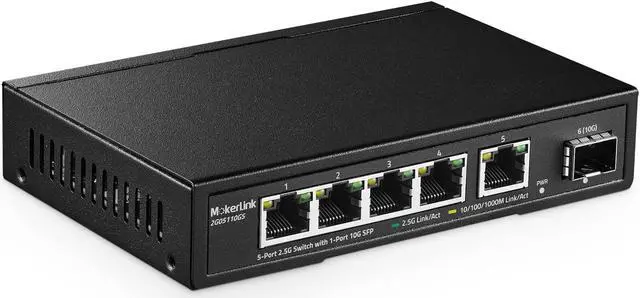 Main image of MokerLink 5 Port 2.5G Ethernet Switch with 10G SFP, 5 x 2.5G Base-T Ports Compatible with 10/100/1000Mbps, Metal Unmanaged Fanless Network Switch