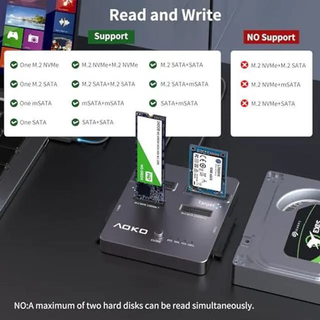 Alt view image 5 of 5 - M.2 NVMe Cloner 4 in 1 Hard Drive Docking Station Clone Duplicaotr, AOKO Dual-Bay M.2 SSD Duplicator for NVMe SSD or 2.5''/3.5'' SATA Drives and mSATA SSD+ M.2 SATA SSD with Offline Cloning