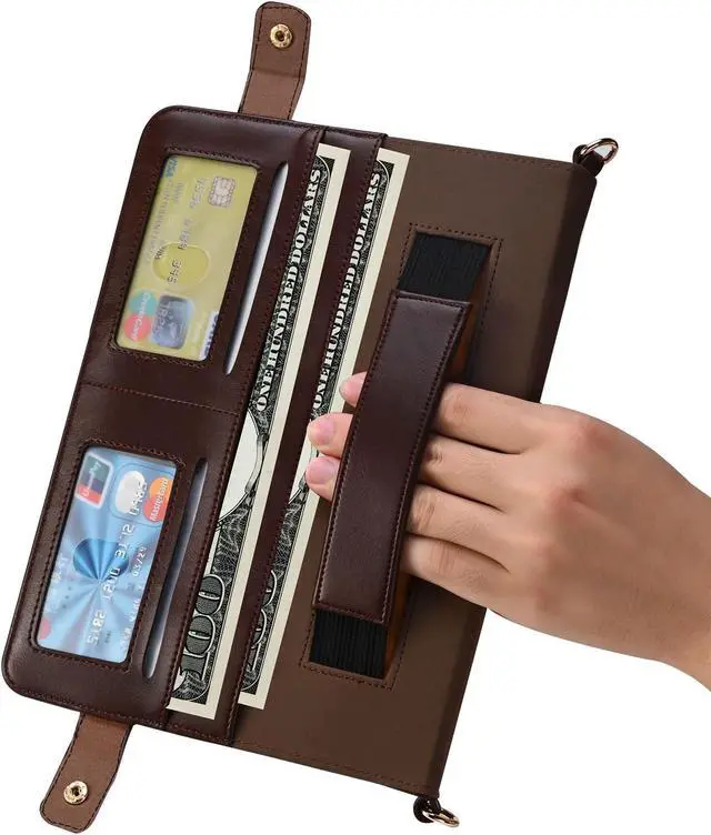 Alt view image 5 of 5 - Handbag Case for Samsung Galaxy Tab S10 Ultra/S9 Ultra/S8 Ultra 14.6", Techcircle Folio Stand Crossbody Wallet Case with S Pen Holder+Card Slots Thin Pocket+Hand Strap+Shoulder Strap, Dark Brown