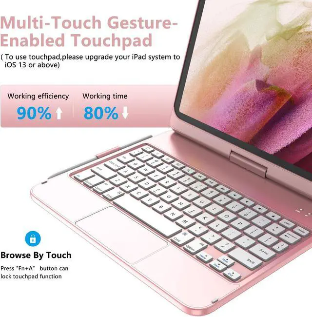 Alt view image 2 of 5 - TQQ Touch iPad 10th Generation Case with Keyboard (10.9", 2022) & iPad (A16) 11th Gen (11", 2025) - 360° Rotatable, Thin & Light, Multi-Touch Trackpad Compatible with 10.9 inch 10th Gen (Pink)