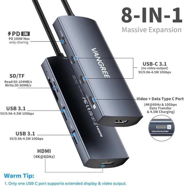 Alt view image 2 of 5 - USB C Video Output Hub, 3 USB-C & 2 USB-A 3.1 10Gbps Ports, 4K@60Hz HDMI, 100W PD, SD/TF Slots, USB-C Splitter Multiport Adapter for Studio Display, USB-C Monitor, Camera, AR Glasses, Windows/Mac OS