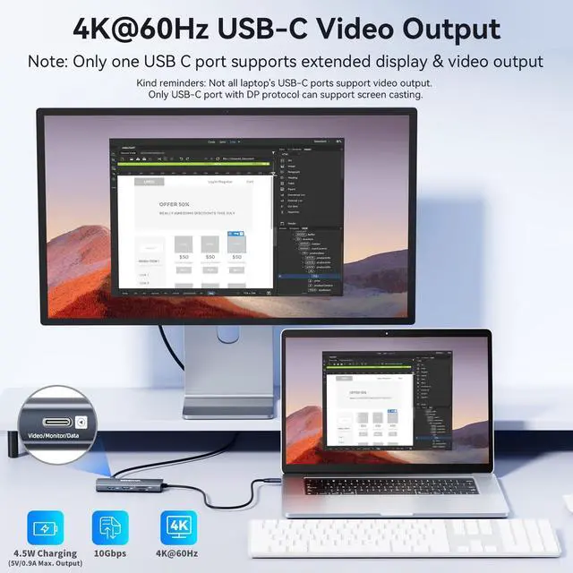 Alt view image 3 of 5 - USB C Video Output Hub, 3 USB-C & 2 USB-A 3.1 10Gbps Ports, 4K@60Hz HDMI, 100W PD, SD/TF Slots, USB-C Splitter Multiport Adapter for Studio Display, USB-C Monitor, Camera, AR Glasses, Windows/Mac OS
