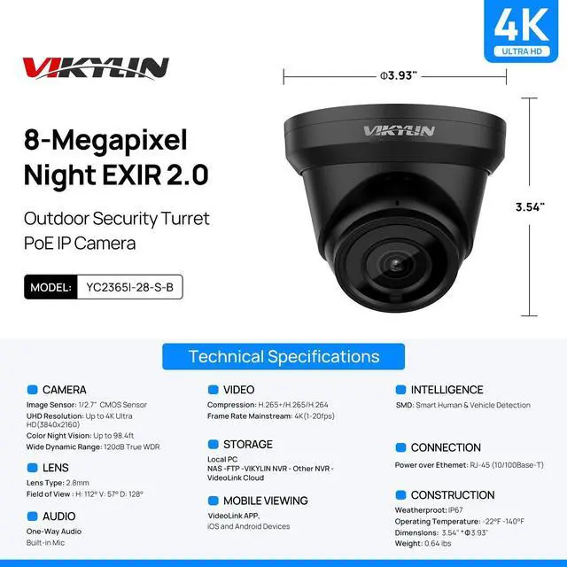 Alt view image 2 of 5 - VIKYLIN 4K 8MP PoE IP Camera Outdoor, 4K PoE Turret Security Camera with Human Vehicle Detection, 2.8mm Lens, 98ft EXIR2.0 Night Vision,Built-in Mic, WDR, IP67, Blue Iris, NDAA Compliant, Black