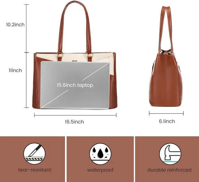 Alt view image 5 of 5 - LOVEVOOK Laptop Bag for Women 15.6 Inch Tote Bags Waterproof Leather Briefcase Computer Women Business Office Work Bag,Brown-White