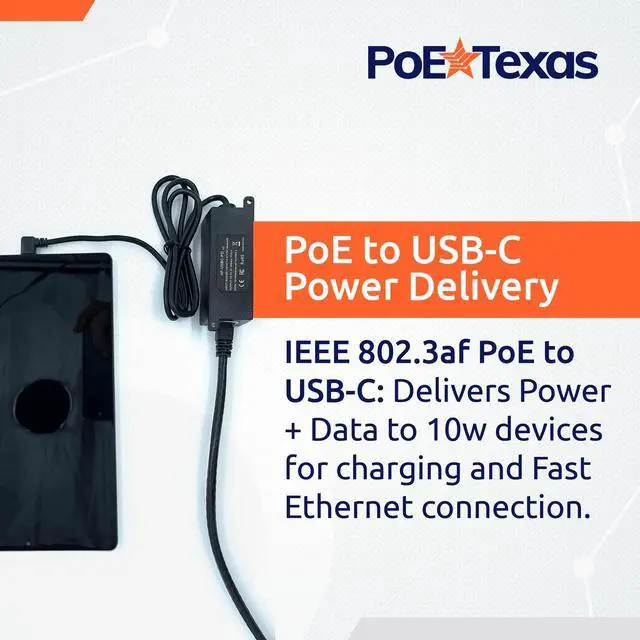 Alt view image 2 of 5 - PoE Texas IEEE 802.3af PoE to USB-C Power and 10/100 Data with Power Delivery - Use Power Over Ethernet from A Network Switch to Charge Apple iPad mini 3, iPad Air, Samsung Tab S7 Lite and More