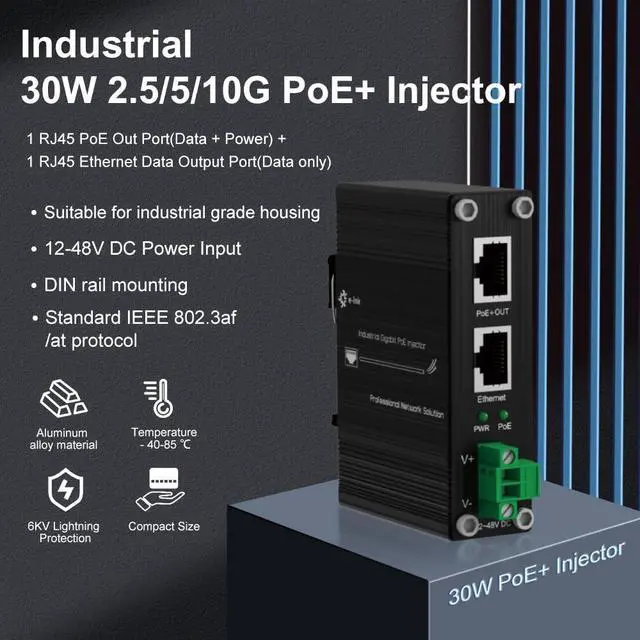 Alt view image 2 of 5 - E-link Hardened Industrial 2.5G PoE+ Injector, 12~48V Input PoE+ Adapter, IEEE802.3af/at 30W Output up to 328ft, Din-Rail and Wall-Mount Installation