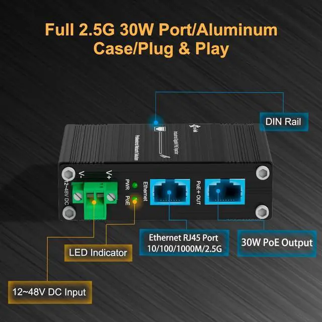 Alt view image 3 of 5 - E-link Hardened Industrial 2.5G PoE+ Injector, 12~48V Input PoE+ Adapter, IEEE802.3af/at 30W Output up to 328ft, Din-Rail and Wall-Mount Installation