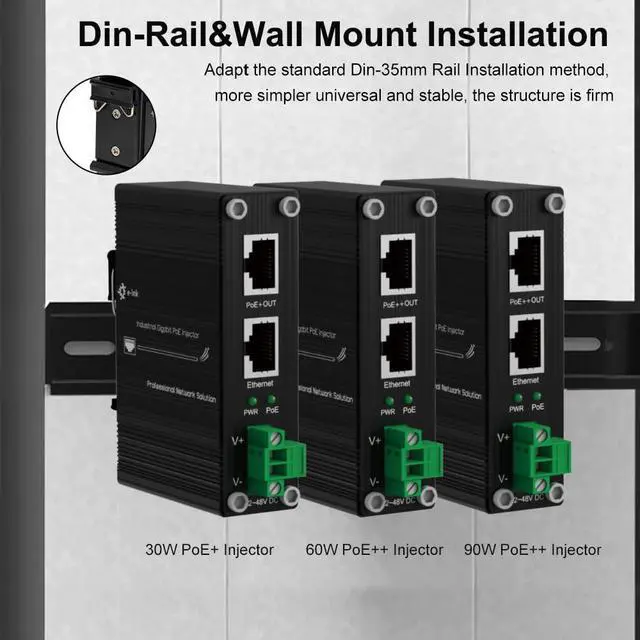 Alt view image 5 of 5 - E-link Hardened Industrial 2.5G PoE+ Injector, 12~48V Input PoE+ Adapter, IEEE802.3af/at 30W Output up to 328ft, Din-Rail and Wall-Mount Installation