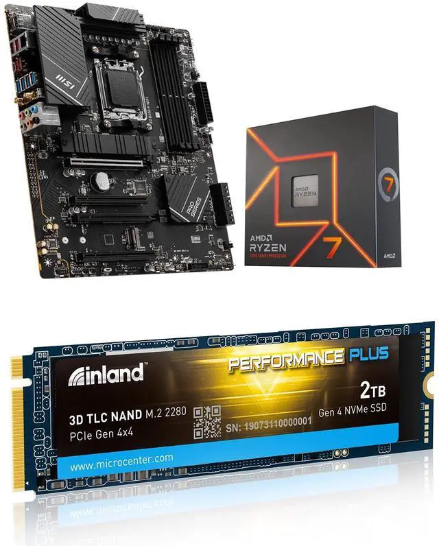 Main image of INLAND Micro Center AMD Ryzen 7 7700X CPU Processor Bundle with MSI PRO B650-P WiFi ProSeries Motherboard and 2TB Gen4x4, M.2 2280 SSD, DRAM Cache, TLC 3D NAND Flash, Up to 7000MB/s