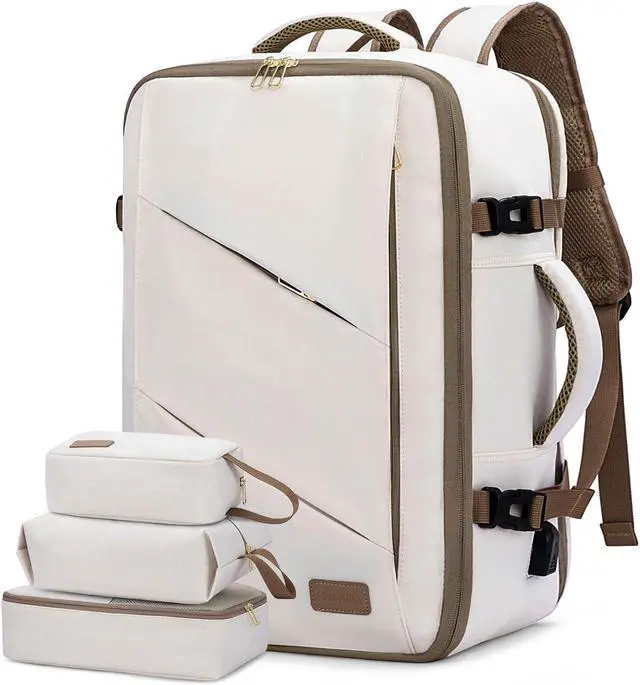 Main image of LOVEVOOK Travel Backpack for Women, 17 Inch Laptop as Person Item Backpack, Carry on Backpack Flight Approved with 3 Packing Cubes,Waterproof Casual Backpack, Beige-Khaki(4Pcs Set)