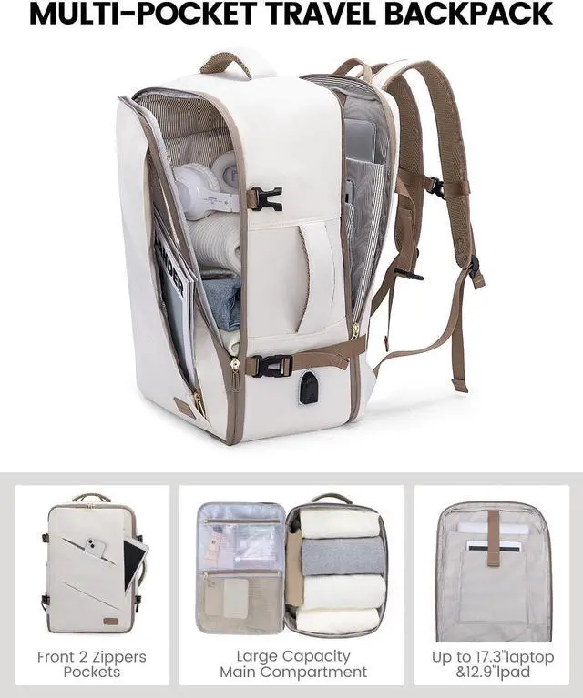 Alt view image 3 of 5 - LOVEVOOK Travel Backpack for Women, 17 Inch Laptop as Person Item Backpack, Carry on Backpack Flight Approved with 3 Packing Cubes,Waterproof Casual Backpack, Beige-Khaki(4Pcs Set)