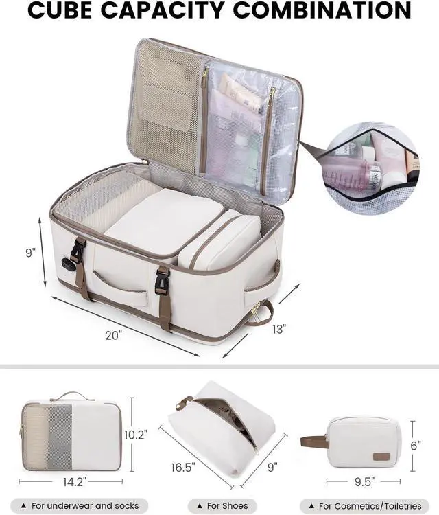 Alt view image 4 of 5 - LOVEVOOK Travel Backpack for Women, 17 Inch Laptop as Person Item Backpack, Carry on Backpack Flight Approved with 3 Packing Cubes,Waterproof Casual Backpack, Beige-Khaki(4Pcs Set)