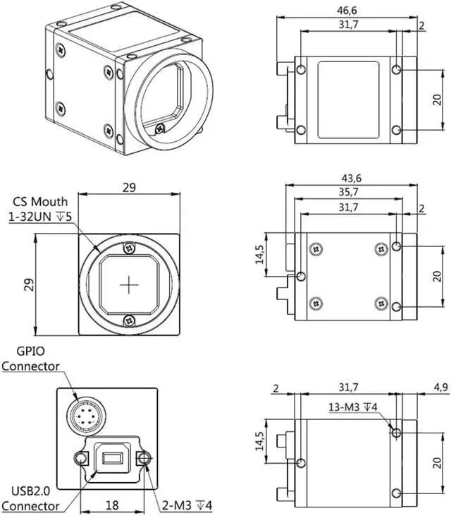 Alt view image 5 of 5 - HTENG VISHI USB2.0 5.0MP 1/2.5" Machine Vision Industrial Camera Monochrome C Mouth Rolling Shutter Support Windows Linux Python OpenCV SDK Area Scan Cmera 2592x1944 7.8fps Indoor