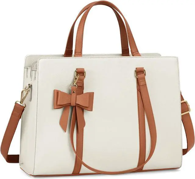 Main image of Laptop Bag for Women 15.6 inch Laptop Tote Bag Waterproof Leather Computer Bag Large Lightweight Briefcase Professional Business Office Work Bag, Beige Brown