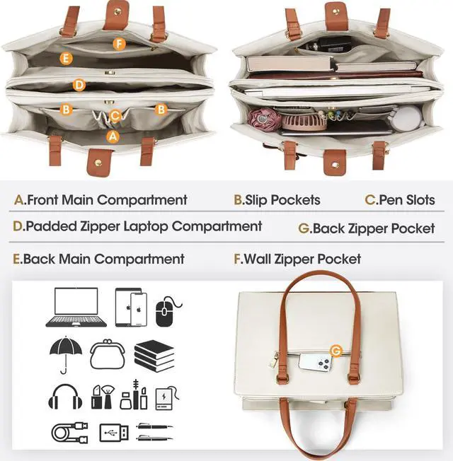 Alt view image 2 of 5 - Laptop Bag for Women 15.6 inch Laptop Tote Bag Waterproof Leather Computer Bag Large Lightweight Briefcase Professional Business Office Work Bag, Beige Brown