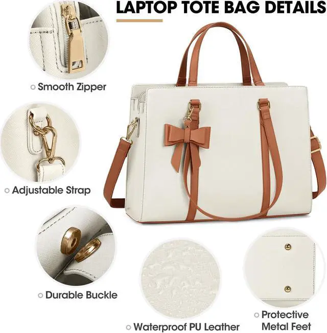 Alt view image 4 of 5 - Laptop Bag for Women 15.6 inch Laptop Tote Bag Waterproof Leather Computer Bag Large Lightweight Briefcase Professional Business Office Work Bag, Beige Brown