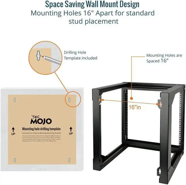 Alt view image 4 of 5 - Tecmojo 9U Wall Mount Rack, Server Rack,Open Frame Server Rack,Network Rack for 19inch Computer/AV/Data/IT/Media Equipment,18inch Depth,16inch Apart Mounting Holes,Swing Gate,Square and Tapped Holes