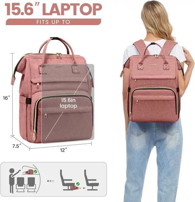 Alt view image 5 of 5 - LOVEVOOK Laptop Backpack for Women,15.6 Inch Professional Womens Travel Backpack Purse Computer Laptop Bag Nurse Teacher Backpack,Waterproof College Work Bag Carry on Backpack with USB Port,Light-pink
