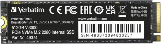 Main image of Verbatim 512GB SSD Vi3000 Internal Solid State Hard Drive PCIe NVMe M.2 2280