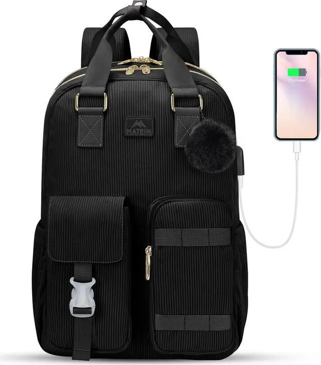 Main image of MATEIN Cute Laptop Backpack for Women, 15.6 Inch Corduroy Computer College Backpack with USB Charging Port, TSA Lightweight Aesthetic Back Pack Travel Laptop Daypack for Work Nurse Teacher Gift, Black