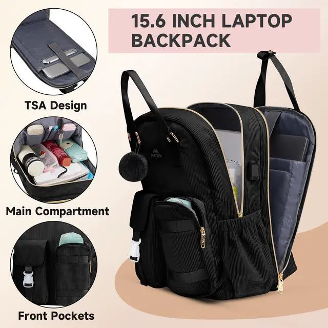 Alt view image 2 of 5 - MATEIN Cute Laptop Backpack for Women, 15.6 Inch Corduroy Computer College Backpack with USB Charging Port, TSA Lightweight Aesthetic Back Pack Travel Laptop Daypack for Work Nurse Teacher Gift, Black
