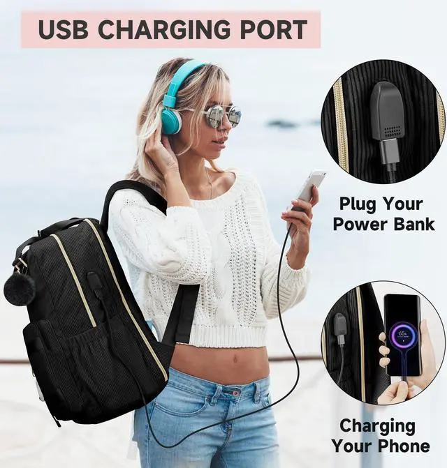 Alt view image 4 of 5 - MATEIN Cute Laptop Backpack for Women, 15.6 Inch Corduroy Computer College Backpack with USB Charging Port, TSA Lightweight Aesthetic Back Pack Travel Laptop Daypack for Work Nurse Teacher Gift, Black