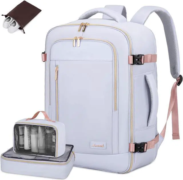 Main image of LOVEVOOK Travel Backpack for Women & Men, 45L Carry On Backpack, Personal Item Bag with 3 Packing Cubes, Business Weekender Overnight Luggage Daypack, Fits 18 Inch Laptop, Grey Purple