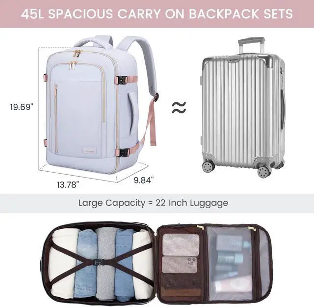 Alt view image 2 of 4 - LOVEVOOK Travel Backpack for Women & Men, 45L Carry On Backpack, Personal Item Bag with 3 Packing Cubes, Business Weekender Overnight Luggage Daypack, Fits 18 Inch Laptop, Grey Purple