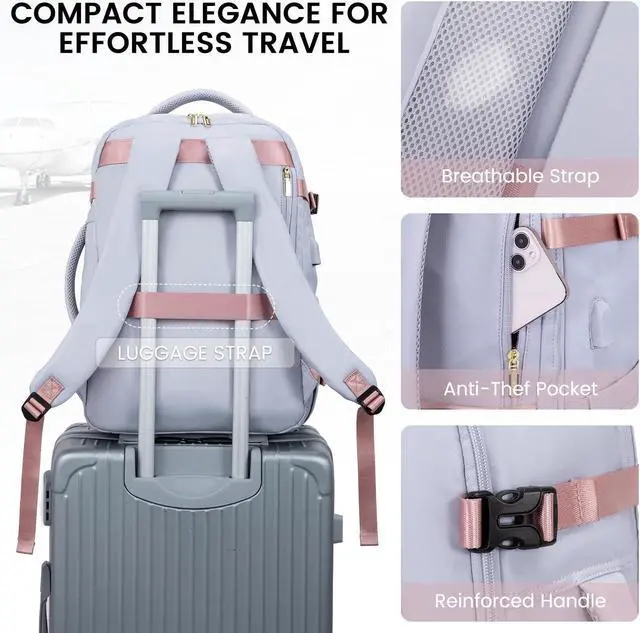 Alt view image 4 of 4 - LOVEVOOK Travel Backpack for Women & Men, 45L Carry On Backpack, Personal Item Bag with 3 Packing Cubes, Business Weekender Overnight Luggage Daypack, Fits 18 Inch Laptop, Grey Purple