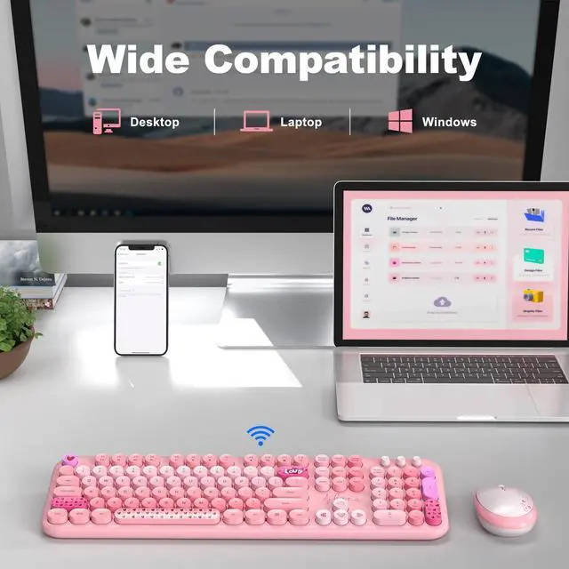 Alt view image 4 of 5 - Atelus Wireless Keyboard and Mouse, Typewriter Full Size Keyboard with Number Pad and 2 in 1 USB Connected Mouse for Windows 7/8/10, Laptop, Desktop, PC, Computer (Pink Colorful)