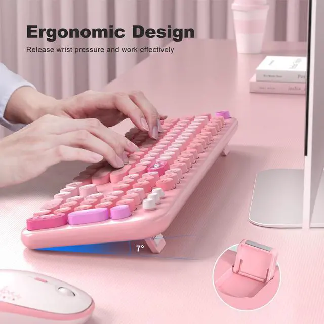 Alt view image 5 of 5 - Atelus Wireless Keyboard and Mouse, Typewriter Full Size Keyboard with Number Pad and 2 in 1 USB Connected Mouse for Windows 7/8/10, Laptop, Desktop, PC, Computer (Pink Colorful)