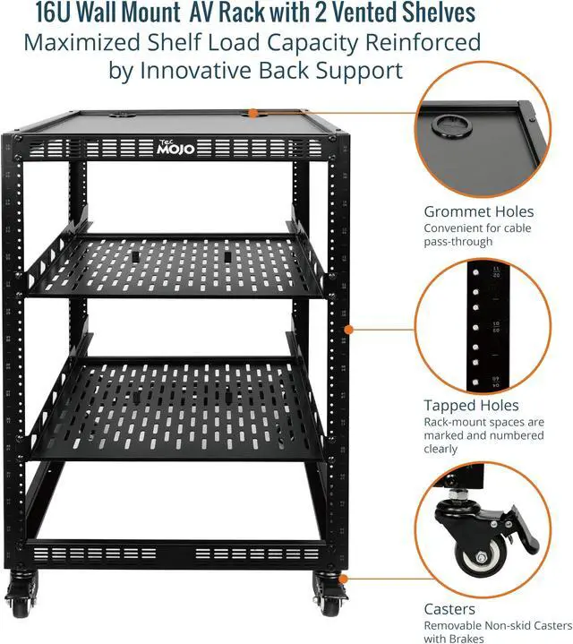 Alt view image 4 of 5 - TECMOJO 16U Open Frame Network Rack for IT &AV Gear, AV Rack 4-Post with casters, Mobile 16U Rack with 2 PCS 1U Server Rack Shelf & Mounting Hardware, for 19" Network,Audio and Video Device