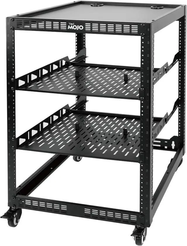 Main image of TECMOJO 16U Open Frame Network Rack for IT &AV Gear, AV Rack 4-Post with casters, Mobile 16U Rack with 2 PCS 1U Server Rack Shelf & Mounting Hardware, for 19" Network,Audio and Video Device