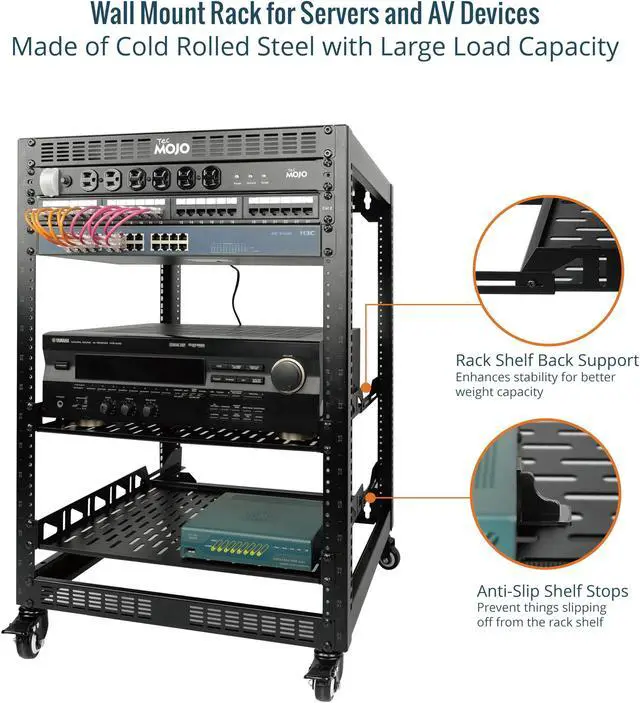 Alt view image 3 of 5 - TECMOJO 16U Open Frame Network Rack for IT &AV Gear, AV Rack 4-Post with casters, Mobile 16U Rack with 2 PCS 1U Server Rack Shelf & Mounting Hardware, for 19" Network,Audio and Video Device