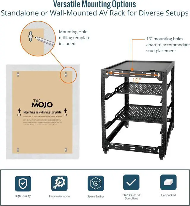Alt view image 5 of 5 - TECMOJO 16U Open Frame Network Rack for IT &AV Gear, AV Rack 4-Post with casters, Mobile 16U Rack with 2 PCS 1U Server Rack Shelf & Mounting Hardware, for 19" Network,Audio and Video Device