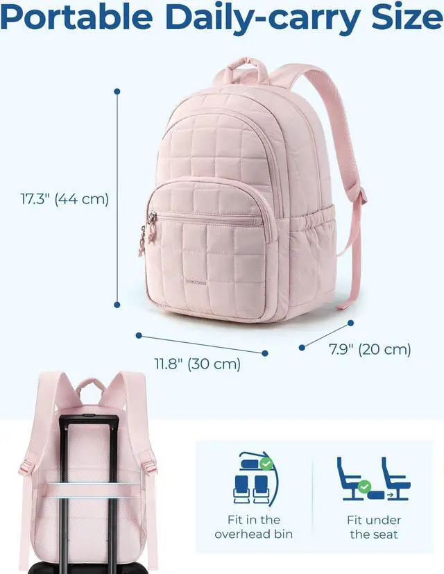 Alt view image 5 of 5 - BAGSMART College Laptop Backpack, Travel Laptop Backpack for Women, Quilted Casual Daypack, Water-Resistant Bookbag for 15.6 Inch Laptop, Pink
