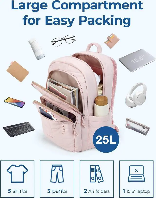 Alt view image 2 of 5 - BAGSMART College Laptop Backpack, Travel Laptop Backpack for Women, Quilted Casual Daypack, Water-Resistant Bookbag for 15.6 Inch Laptop, Pink