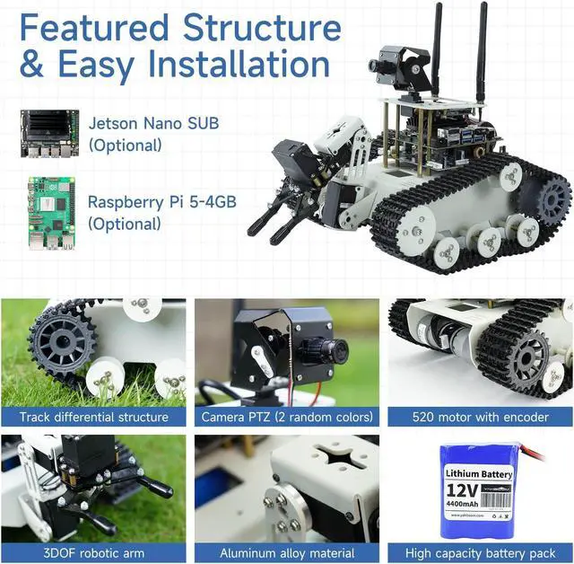 Alt view image 4 of 5 - Yahboom Raspberry Pi 5 Robot Track Tank Car Kit with Robotic Arm Artificial Intelligence Learning Electronic Programming for Teens Adults (Transbot-SE with Pi 5 4G)