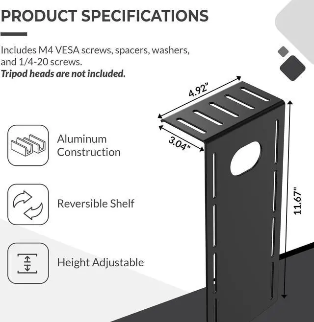 Alt view image 3 of 5 - HumanCentric DSLR Monitor Mount Small, Desk Camera Mounting, Light Webcam, Microphone Shelf for Monitor VESA Arm, Replace Clamp Tripods, 100x100mm Patterns, Aluminum, Hardware Included