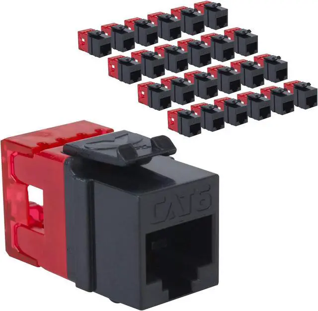 Main image of ICC CAT6 Keystone Jack with Slim Profile 180 Degree Punch Down, RJ45 UL Listed PoE++ TAA Compliant for Wall Plate or Patch Panel, Works with JackEasy Termination Tool, Black 25 Pack