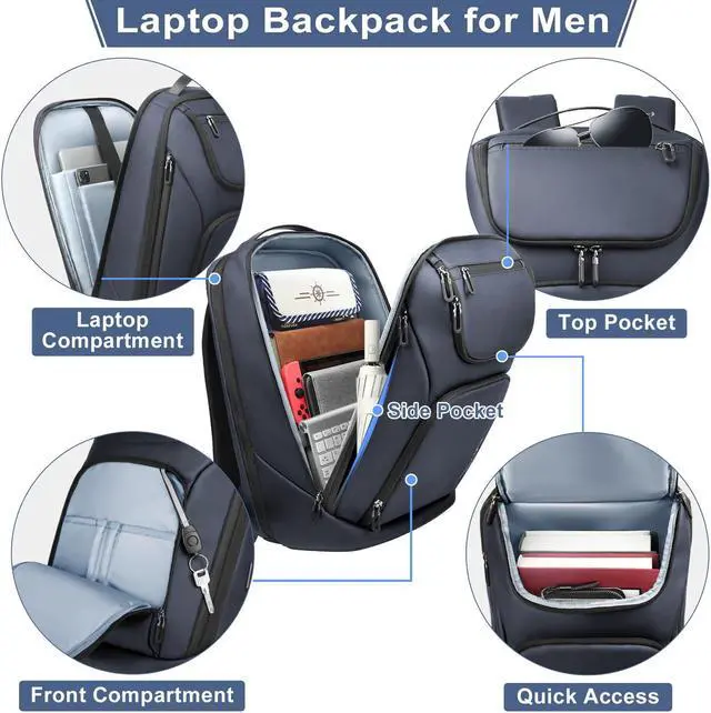 Alt view image 2 of 5 - hk Business Smart Backpack for Men Anti-Theft for 17.3 Inch Laptop with USB Charging Port Water-Resistant Large Durable Compact 30L for Travel College Work-Deep Blue